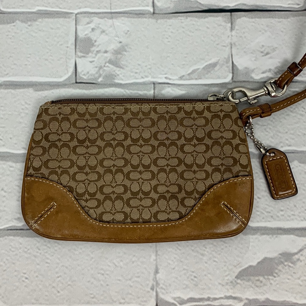 Vintage Coach Signature C wristlet wallet Brown leather & fabric Zip close